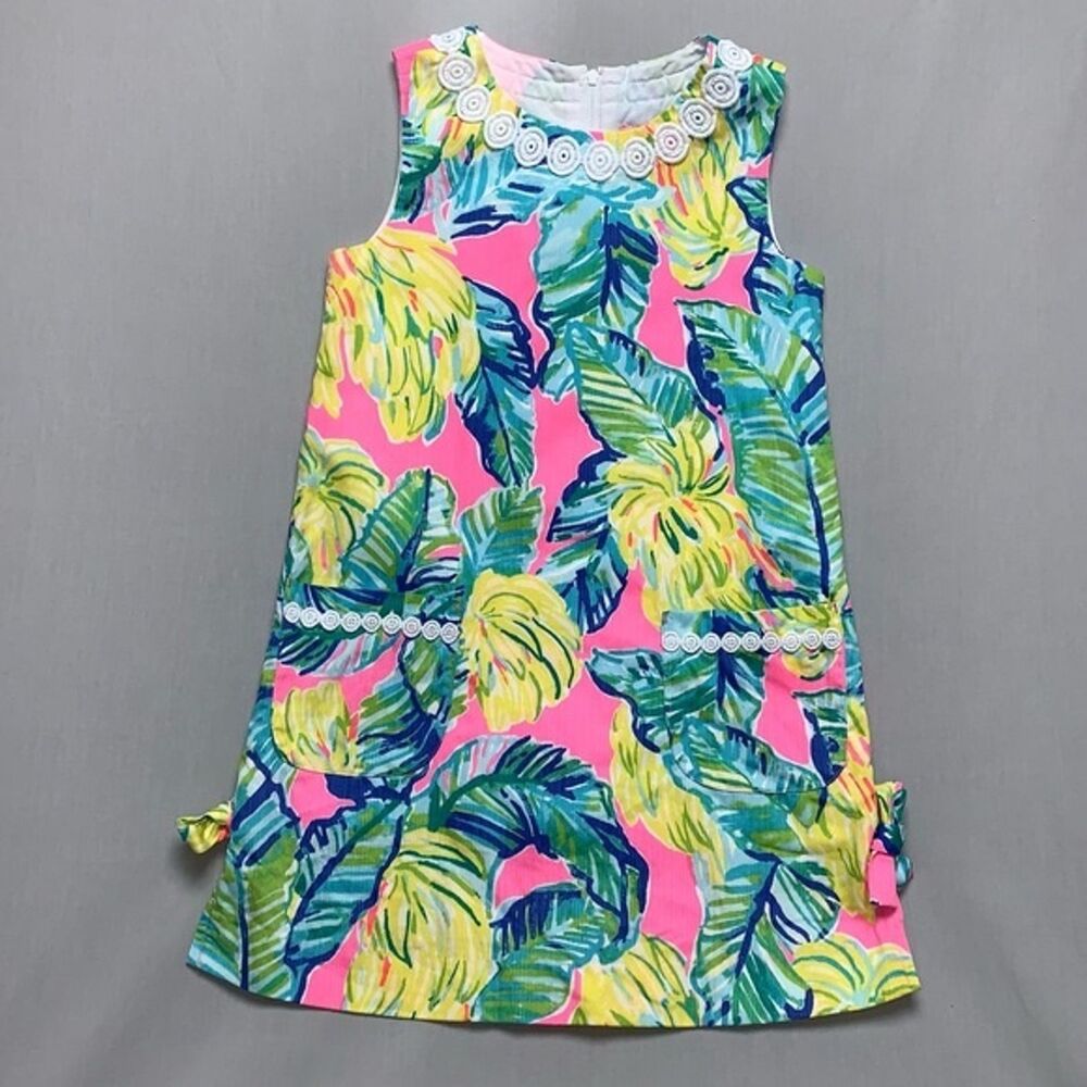 Little Lilly Pulitzer Local Flavor Dress Girl’s 7 Pink Green Resort Beach Party - Picture 2 of 9